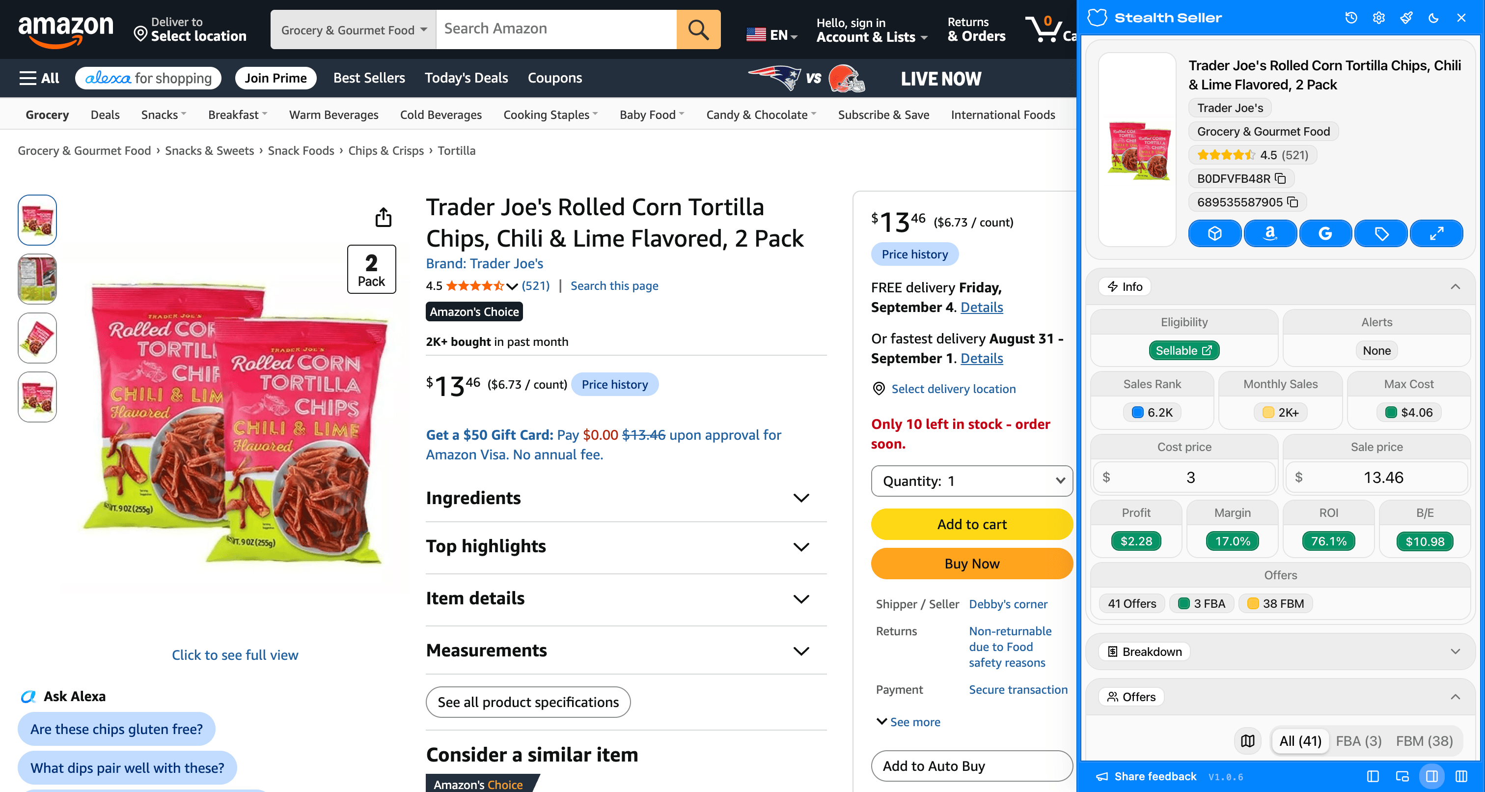 Stealth Seller extension panel docked beside an Amazon listing, showing profit, margin, ROI and offers