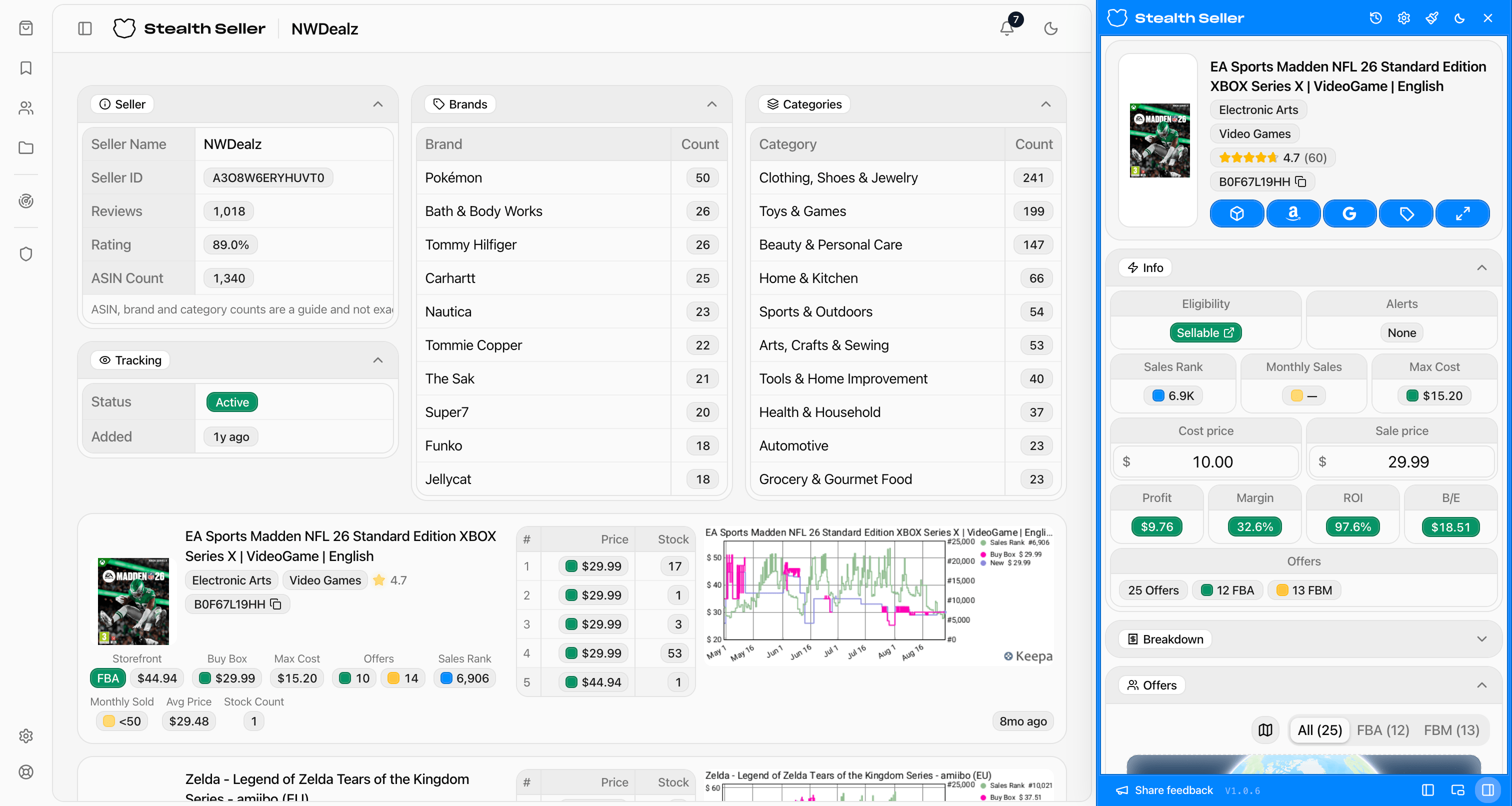 Stealth Seller seller view showing a storefront's ASINs, brands, categories and product data